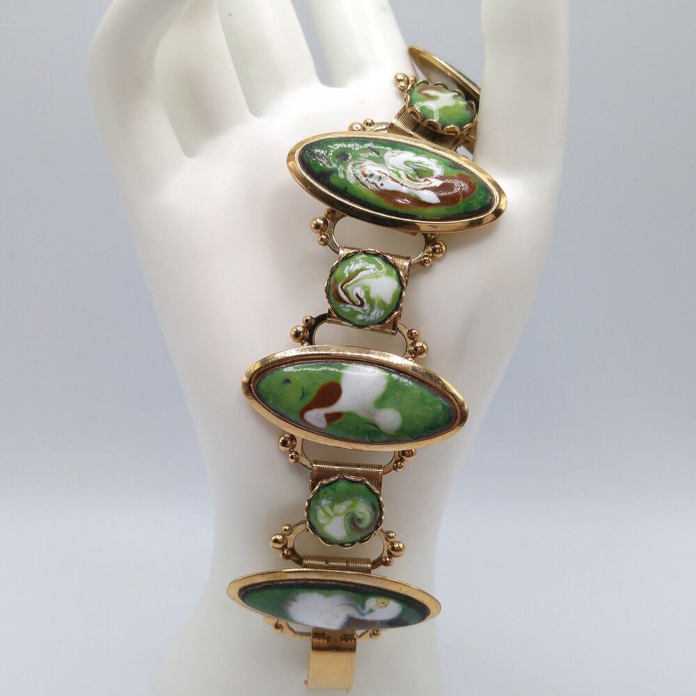 Mid-Century Enamel Book Chain Bracelet, Green Brown White Gold, 1950s Vintage